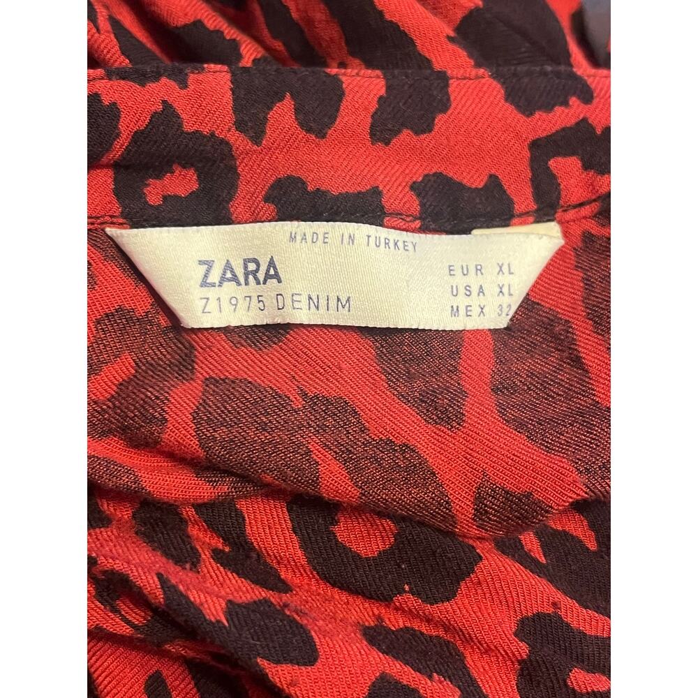Zara Womens Red Leopard Print Midi Dress Tie Sz L - Picture 6 of 6